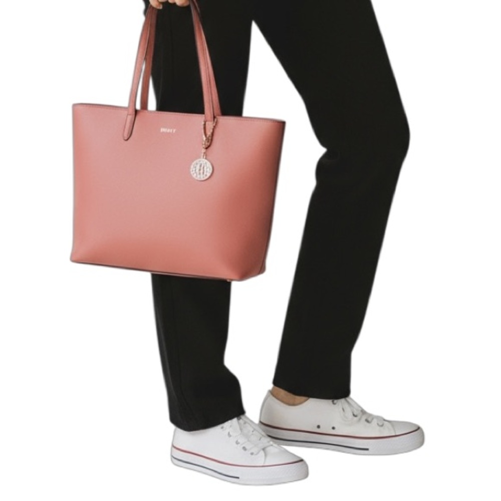 DKNY Coral Pink 100% Cowhide Leather Large Tote Bag EUC